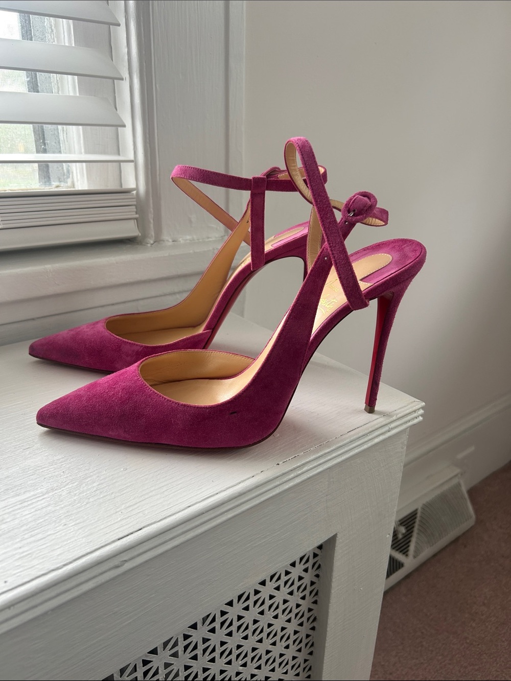 Christian Louboutin Fuchsia Suede Pointed-Toe Ankle-Tie Stilettos 41 - Picture 2 of 7